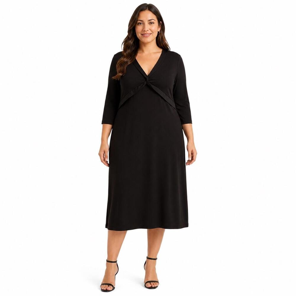 BCBG Paris Dress Womens Large Black Empire Waist 3/4 Sleeve Midi A Line Jersey
